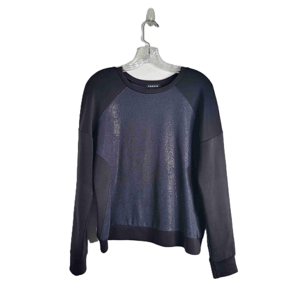 Trouve Black Blue Long Sleeve Crew Neck Color Block Sweatshirt Medium